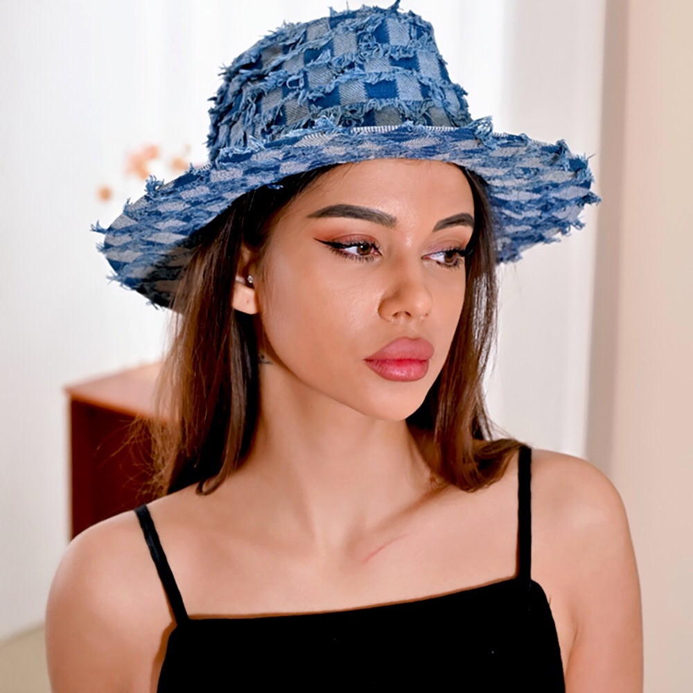Blue Denim Jean Fringe Western Fedora Hat